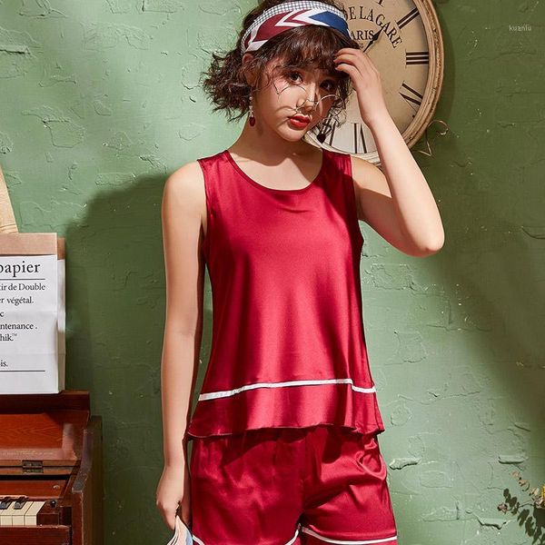 

pajamas women's summer ice silk sleeveless suit vest shorts two-piece short-sleeved thin silk satin home service1, Black;red
