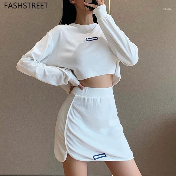 

casual printing long sleeve short skirt two piece set women solid crop stretch high waist sporty streetwear1, Gray