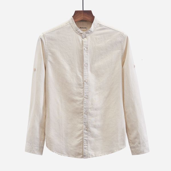 

2021 new linen cotton solid casual men plus size stand collar mens shirt brand long sleeve shirts male chemise ibrt, White