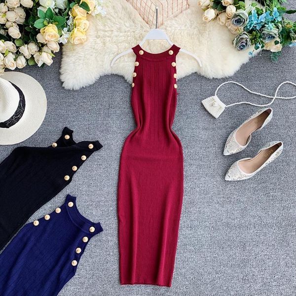 

soild button o neck womens dresses sheath stretchy knit vestidoes slim, Black;gray