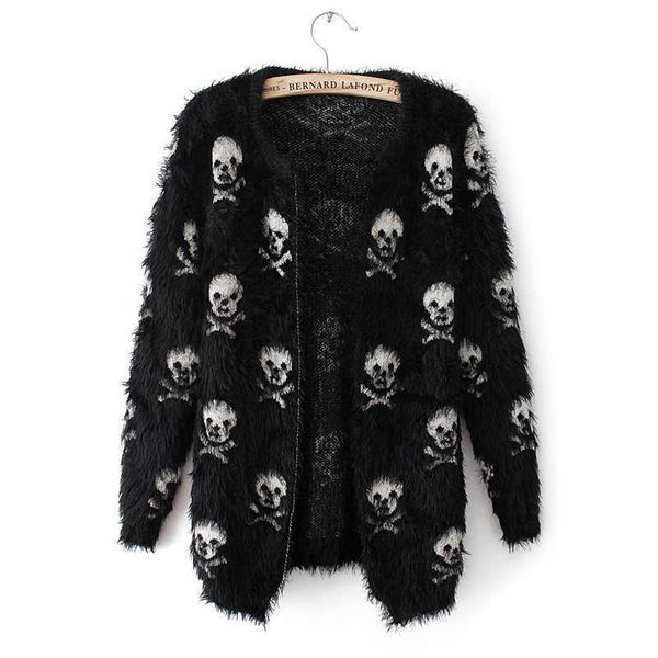 

short women autumn sweater mohair skulls printing female outwear cardigans soft cool knitted womens 210805, White;black