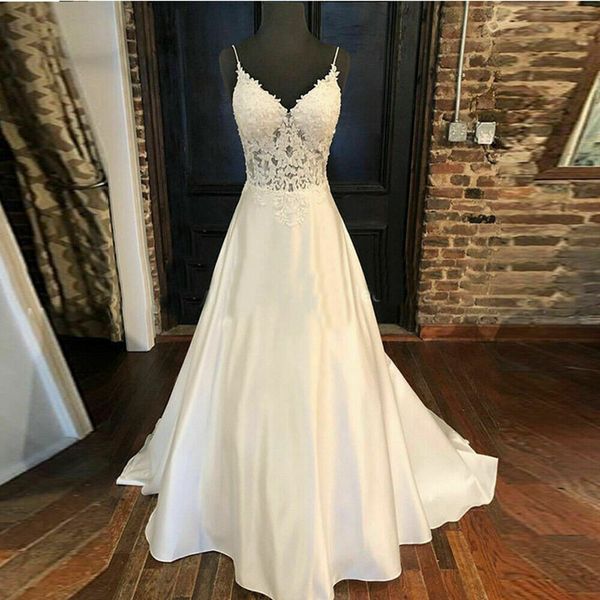 

real image lace satin wedding dresses spaghetti straps deep backess a line 2021 summer bridal gowns robe de mariée, White