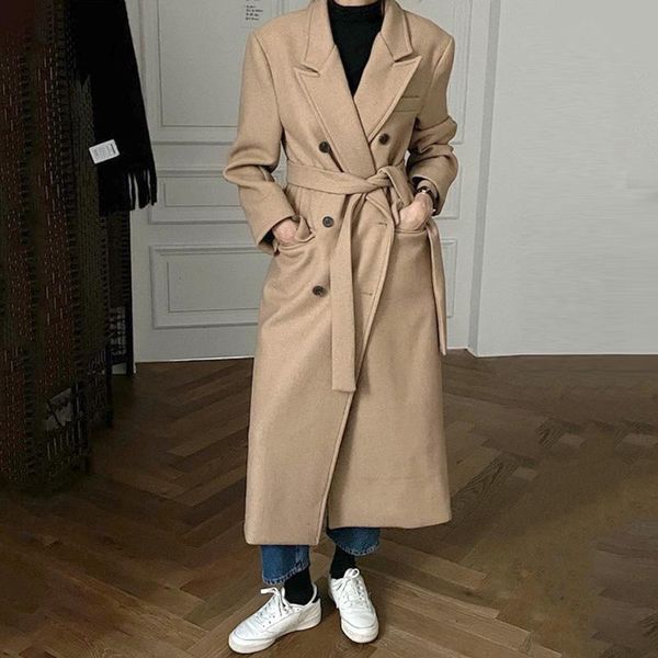

women's trench coats zosol korean chic retro style suit collar double breasted lace up waistband long sleeve back split woolen overcoat, Tan;black