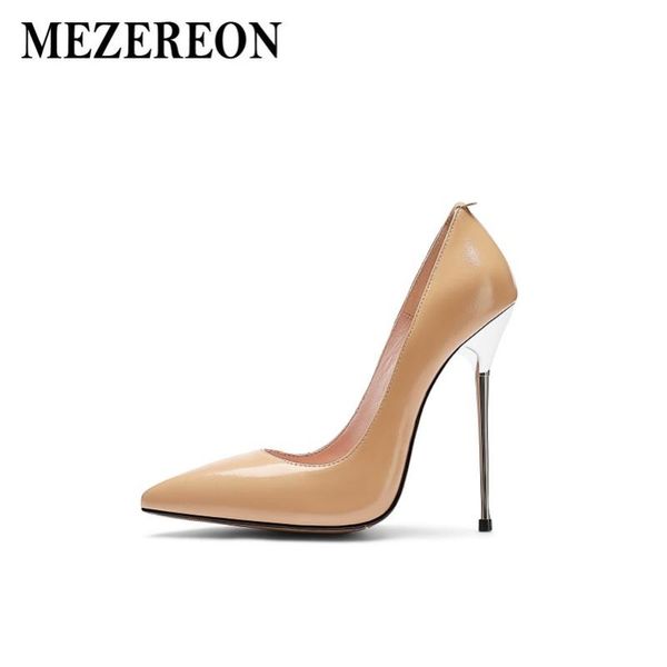 

mezereon patent leather women shoes stiletto pumps extremely thin high heels ladies fashion pointed toe pumps party shoes, Black