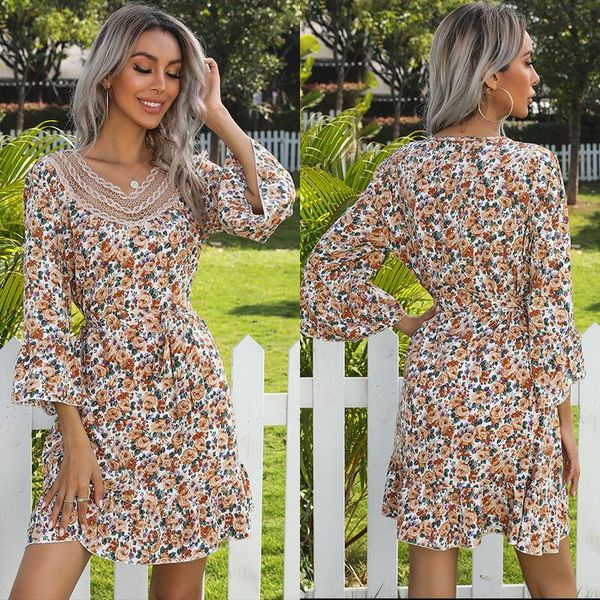

whzhm new arrival flower dresses female women femme flare sleeve lace patchwork floral printed mini sashes v-neck party boho hot, Black;gray