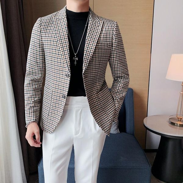 

men's suits & blazers british style 2021 houndstooth single button business slim fit blazer social casual wedding dress coats streetwea, White;black