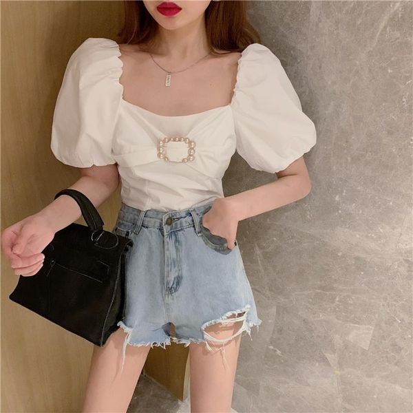 

women's blouses & shirts llzacoosh 2021 fashion women puff sleeve square collar slim pearl button white shirt summer casual