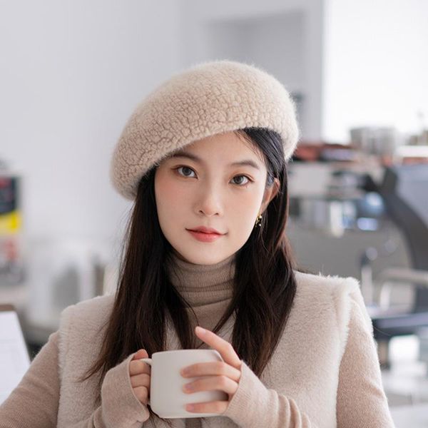 

berets women fall and winter thick section breathable korean fur hat japanese wool bud painter cap england label, Blue;gray
