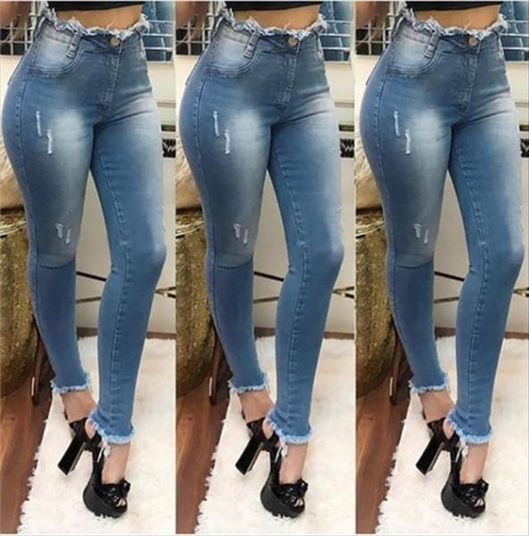 

summer pencil high waist elastic womens jeans ripped skinny, Blue