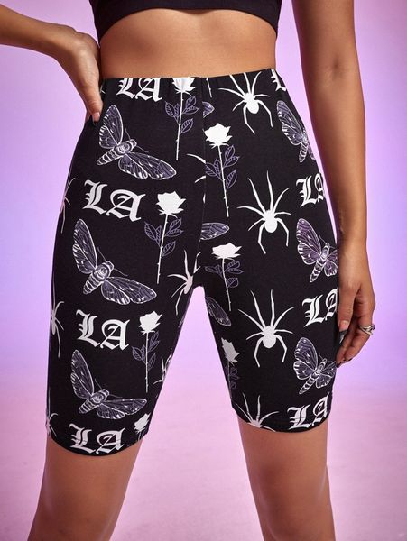 

x nora ink floral & animal print biker shorts m703#, Black