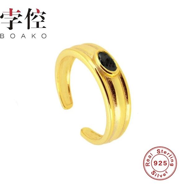 

cluster rings boako simple glossy black zircon open ring 925 sterling silver anillos for women luxury fine jewelry bague bijoux, Golden;silver