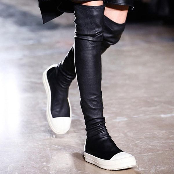 

boots stretch on the knee les'boots flat plorm shredded tra winter shoes thigh high elastic long 2021, Black