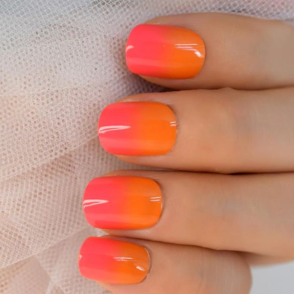 

false nails ombre orange red french tip press on short round full cover fake for school office with adhesive sticker, Red;gold