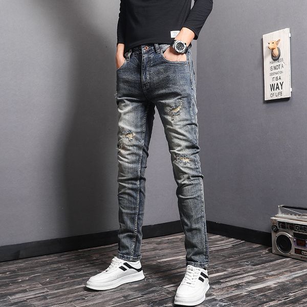 

2021 new italian style fashion men jeans retro blue wash elastic slim fit ripped denim trousers patchwork vintage designer pencil pants jz4k