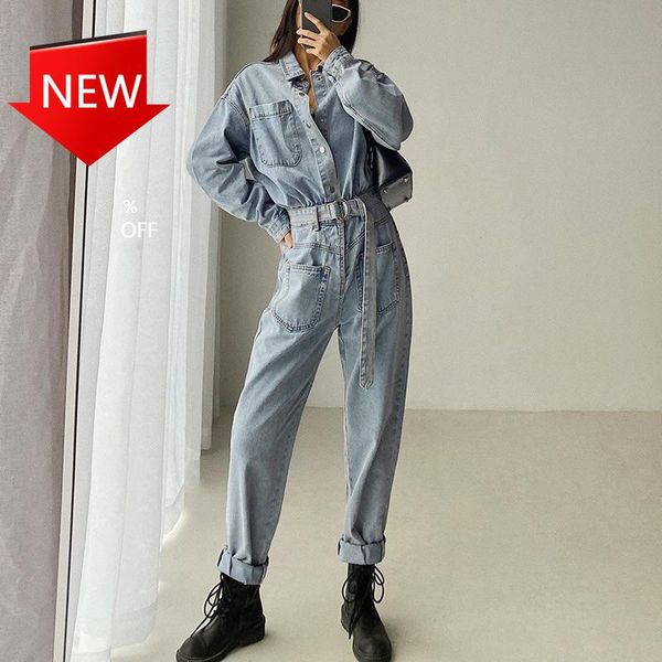 

women's jeans ashion trendy workwear overall 2021 spring clothing european and american ins waist trimming loose denim jumpsuit, Blue