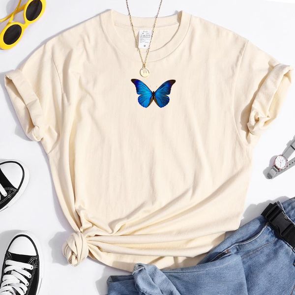 

women's t-shirt cute blue butterfly t-shirts women summer o-neck harajuku couples streetwear clothing loose oversize tee fe, White