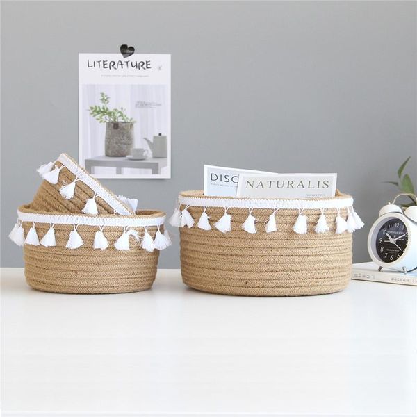 

storage baskets jute basket woven finishing nordic home cotton thread sundries tassel box container deskorganizer