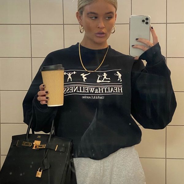 

2021 letter printing vintage sport sweatshirt women casual streetwear loose pullovers crewneck new fashion girls warm winter wf8w, Black