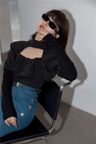 

new hollow out black lantern blouse turtleneck long sleeve 2021 fashion women fall designer clothes j28y, White