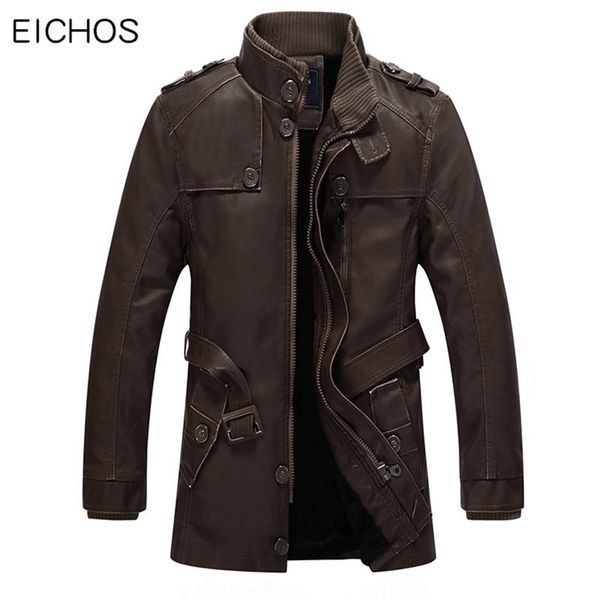 

eichos winter leather jacket mens casual warm mens long leather trench coat washed pu leather motorcycle jacket plus size 4xl 211118, Black