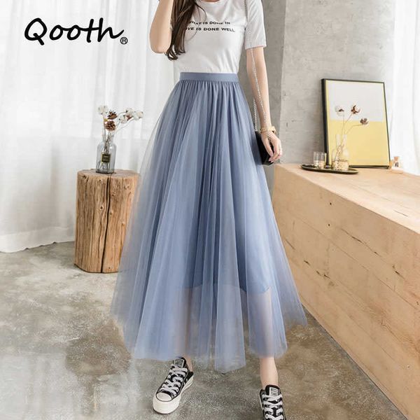

qooth mulberry silk skirt big swing mesh sweet all-match thin pleated spring fairy mid-length a-line qt534 210609, Black