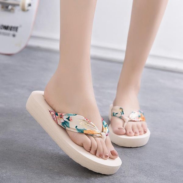 

slippers bohemian middle heel flip flops women's beach non-slip trendy outer wear fashionable, Black