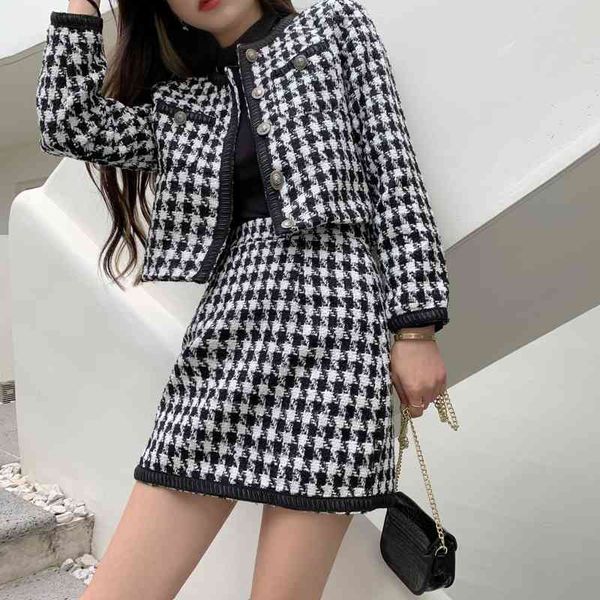 

women's two piece pants spring retro western style houndstooth long-sleeved woolen slim coat temperament skirt fashion suit women 5x7h, White