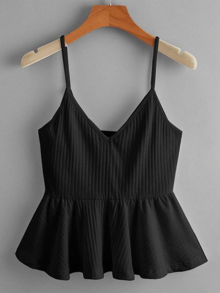 

rib-knit ruffle hem cami p16v#, White