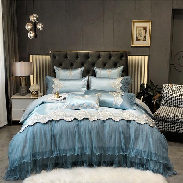 

bedding sets blue luxury 1200tc precise silk cotton embroidery set  king double-deck lace edge duvet cover bed pillowcases sheet