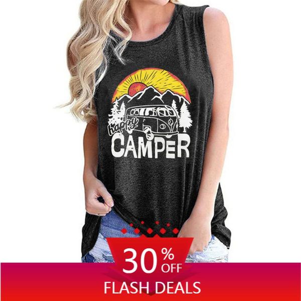 

women's tanks & camis happy camper casual letter print women tank cute sunshine bus mountain graphic oversized tshirt ladies summer cl, White