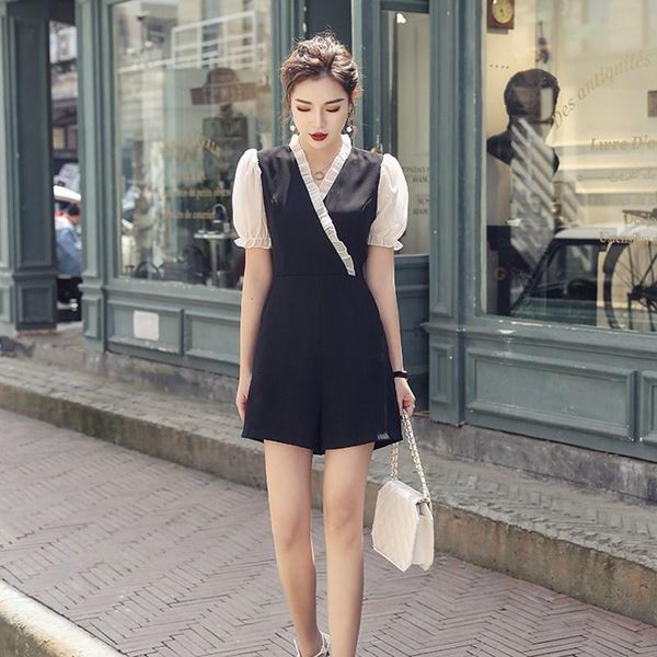

women's jumpsuits & rompers fashion 2021 summer women casual lantern sleeve office lady high waist patchwork jumpsuit black v-neck mesh, Black;white