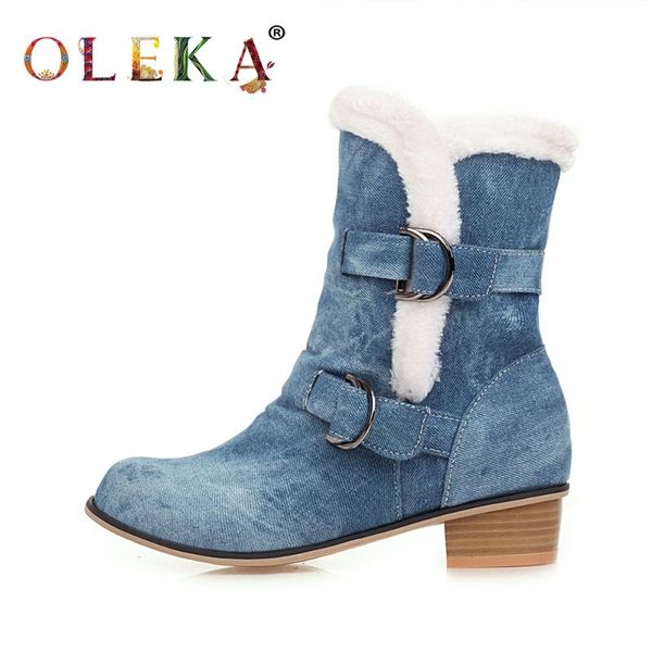 

boots oleka warm winter square heel metal decoration round toe for women retro style snow shoes 2021 as237, Black