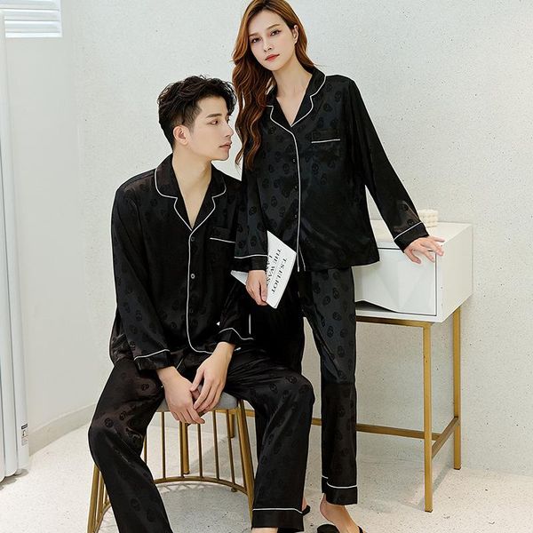 

fzslcyiyi couple skull jacquard pajamas set spring summer lovers men women long sleeve pants sleepwear satin homewear nightwear, Black;brown