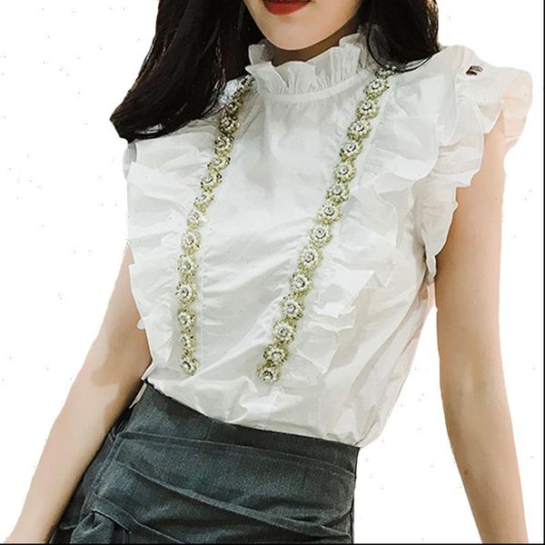 

dingaozlz summer 2021 new short sleeved ol ruffles white blouse beaded women chiffon shirt blusas mujer