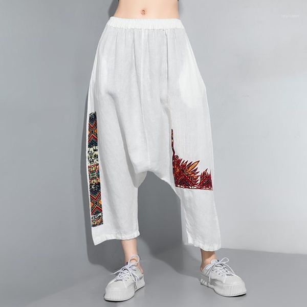 

women's pants & capris cotton linen harem women elastic waist hip hop drop crotch oversize ankle-length 2021 summer trousers vintage pr, Black;white