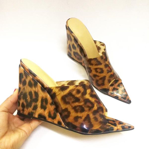 

slippers women's wedge pointed peep toe leopard high heel pvc summer dress shoes outdoor fashion female women size 43, Black