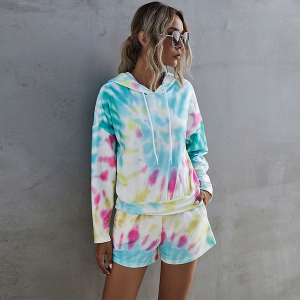 

2021 new autumn winter fashion tie dye pullover hooded hoodies 2 piece sets womens outfits casual sweatpant shorts suits kt4b, Gray