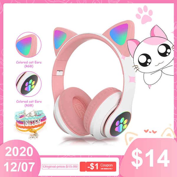 Nuovo RGB Cat Ear Cuffie Bluetooth fone Bass Noise Cancelling Adulti Bambini Ragazza Cuffie Supporto TF Card Casco Mic Regalo