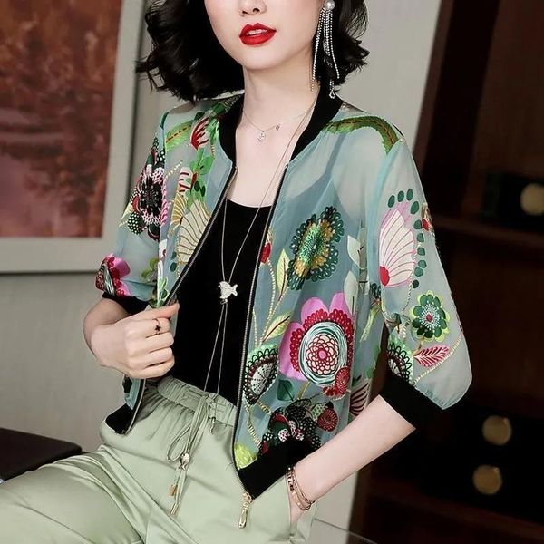 

women's jackets women chiffon jacket 2021 female summer coat ladies printing baseball uniform short plus size sun protection clothing b, Black;brown