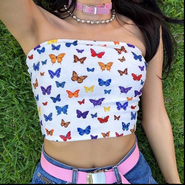 

women butterfly pattern print cotton colorful slash neck tank strapless crop camis summer casual outwear, White