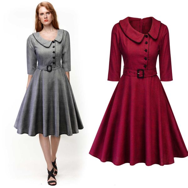 

autumn winter large dr's hepburn elegant medium sleeve plaid drs, Black;gray