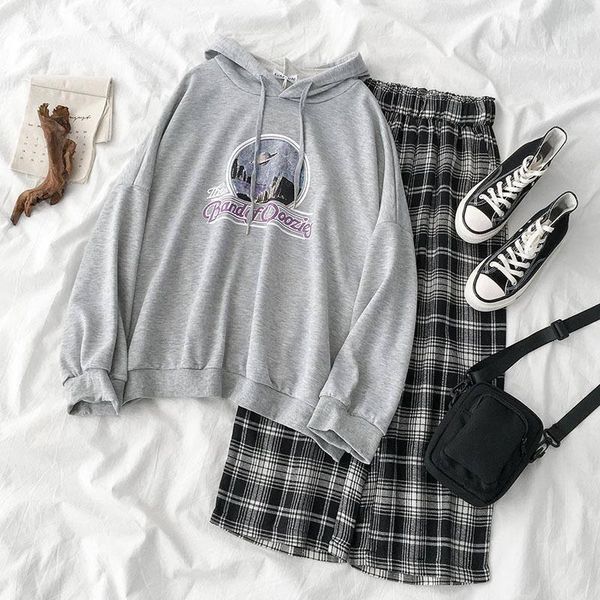 

women's two piece pants female autumn fashion suit] 2021 korean version of harajuku two-piece print hoodies + plaid long, White