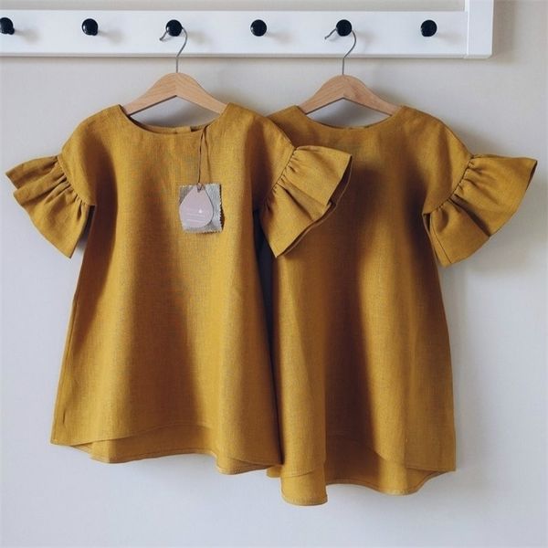 

summer girls cotton linen dress 2-6 years flouncy flare short sleeve princess dresses baby toddler pleated skirt solid loose dress h24sc4f, Red;yellow