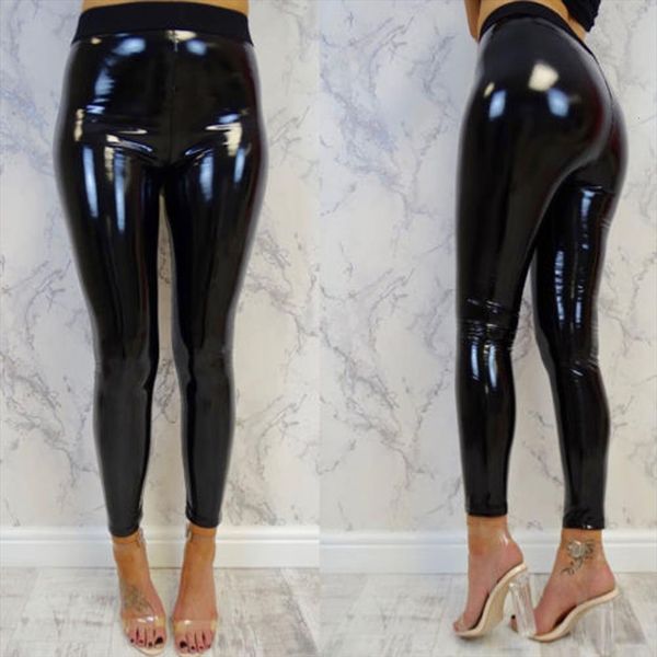 

black high waist pants womens leggings slim soft strethcy shiny wet look faux leather vinyl trouser pantalon