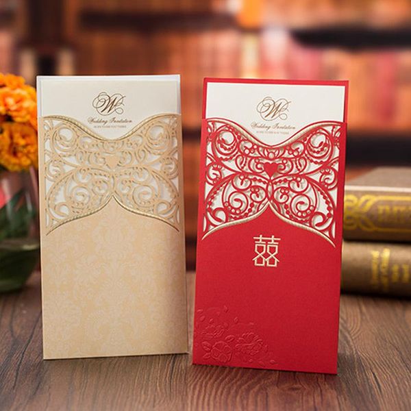 

greeting cards 100pcs/lot laser cut wedding invitation customized print red gold lace hollow flower party invitations