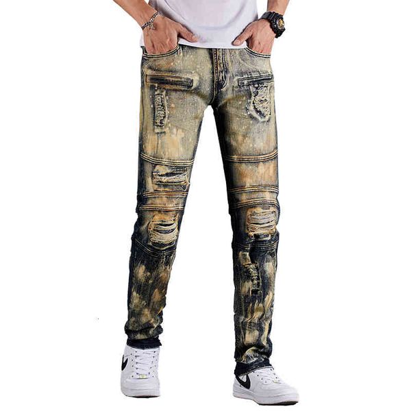 

men's elastic jeans locomotive stitching hole patch denim pants, Blue