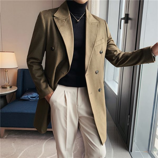 

men's wool trench coat of medium-length double jacket breasted heavier winter outwear casual jackets hombre icot, Black