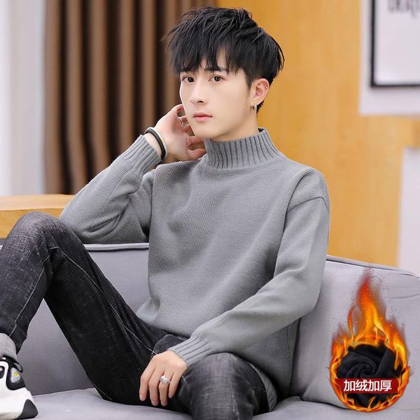 

men's sweaters 2021 korean slim fit solid color pullover with cashmere plush sweater autumn and winter turtleneck, White;black