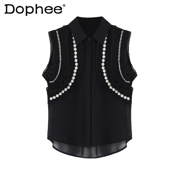 

women's blouses & shirts elegant ruffled beads rhinestones chiffon shirt women clothing summer 2021 korean loose vintage sleeveless blo, White