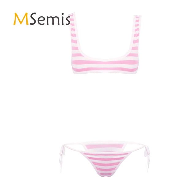 

womens swimsuit two piece striped lingerie suit nightwear underwear half cup short tank vest with lace-up t-back briefs